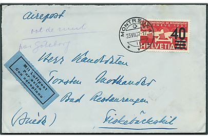 40/20 c. Provisorium single på luftpostbrev fra Montreux d. 23.7.1937 til Fiskebäckskil, Sverige. Bagklap mgl.