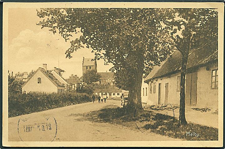 Melby Kirke. Albert Jensen no. 38486. Frankeret med 5 øre Chr. X annulleret brotype IIIb Melby d. 3.8.1918 til København.