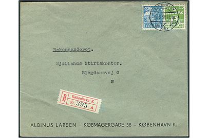 5 øre Bølgelinie og 30 øre Karavel på anbefalet lokalbrev i København d. 15.8.1938.