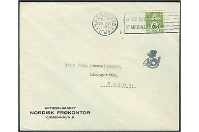 5 øre Bølgelinie single på tryksag fra København d. 29.8.1935 til Brangstrup pr. Rudme. Sort Posthorn tryksagskontrol stempel.