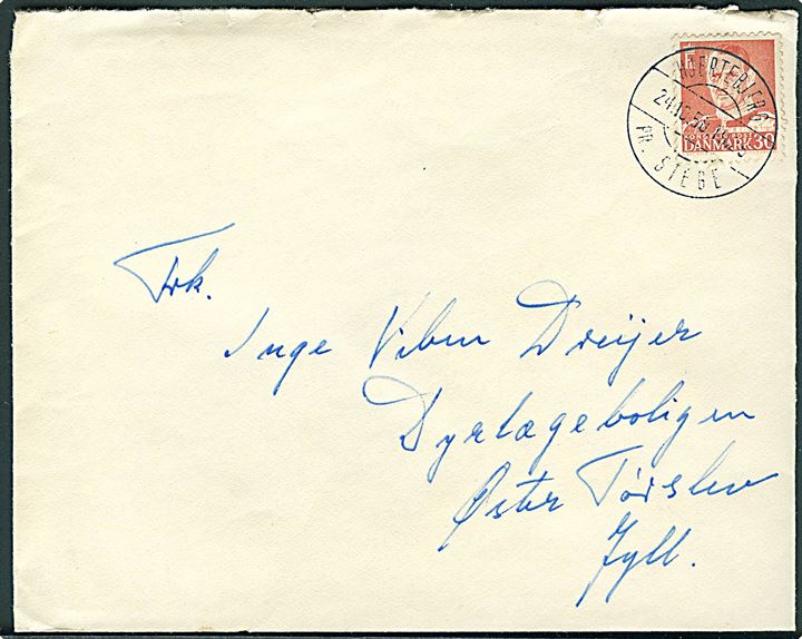 30 øre Fr. IX på brev annulleret med pr.-stempel Hjertebjerg pr. Stege d. 24.10.1958 til Øster Tørslev.