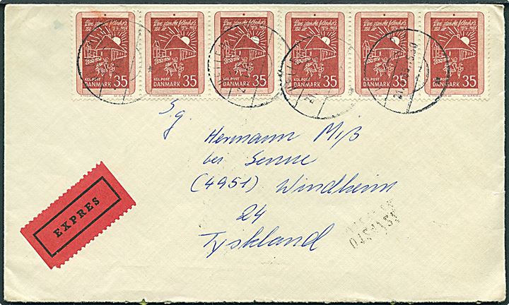 35 øre Folkeskoleloven (6) på ekspresbrev fra Hellerup d. 21.1.1965 til Windheim, Tyskland.
