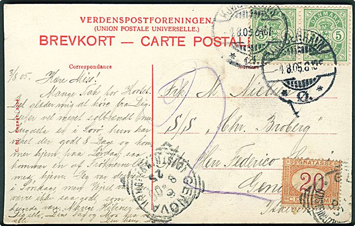 5 øre Våben i parstykke på brevkort (Fra det gamle Christianshavn) fra Kjøbenhavn d. 4.8.1905 til sømand ombord på S/S Chr. Broberg i Genua, Italien. Påsat italiensk 20 c. portomærke.