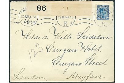 20 øre Chr. X på brev fra Kjøbenhavn d. 27.8.1915 til London, England. Åbnet af britisk censur no. 86.