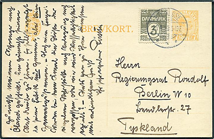 7 øre Chr. X helsagsbrevkort (fabr. 48-C) opfrankeret med 3 øre Bølgelinie fra Stenløse d. 26.4.1919 til Berlin, Tyskland.