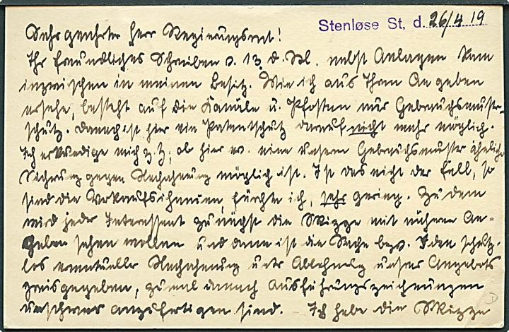 7 øre Chr. X helsagsbrevkort (fabr. 48-C) opfrankeret med 3 øre Bølgelinie fra Stenløse d. 26.4.1919 til Berlin, Tyskland.