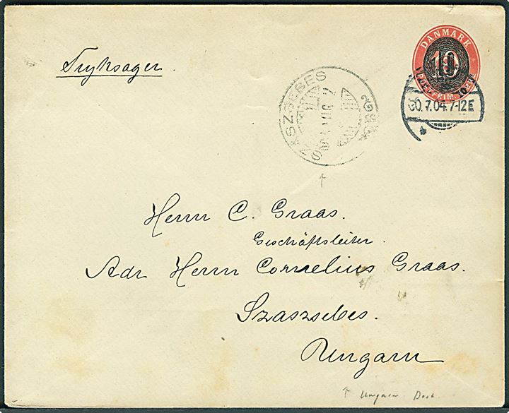 10/8 øre provisorisk helsagskuvert sendt som 2. vægtkl. tryksag fra Aarhus d. 30.7.1904 til Szaszsebes i Ungarn. God destination.