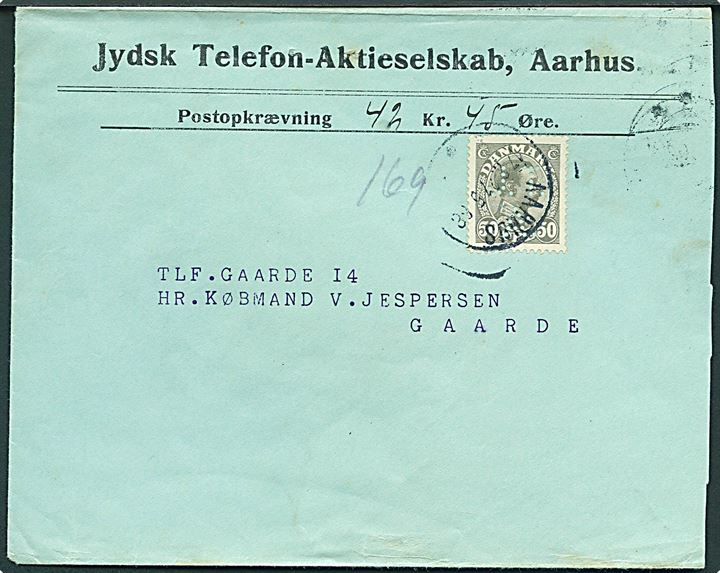 50 øre Chr. X med perfin J.T.A. på fortrykt kuvert fra Jydsk Telefon-Aktieselskab sendt med postopkrævning fra Aarhus d. 17.2.1927 til Gaarde.