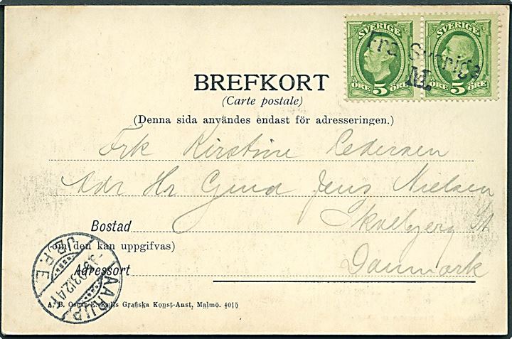 5 öre Oscar II i parstykke på brevkort (Gustaf Adolfs Torg i Malmö med sporvogn) annulleret med skibsstempel Fra Sverige M. via Aarup JB.P.E. d. 9.5.1903 til Skalbjerg St., Danmark.
