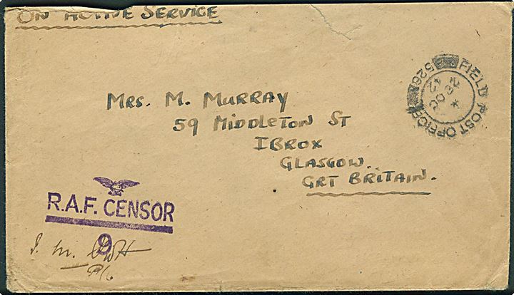 Ufrankeret O.A.S. feltpostbrev stemplet Field Post Office 526 (= Reykjavik) d. 28.10.1942 til Glasgow, Scotland. Tydelig R.A.F. Censor no. 9.