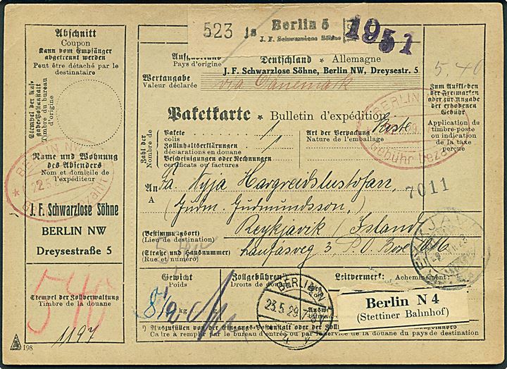 5,40 mk. bar-frankeret internationalt adressekort for pakke med ovalt rødt stempel Berlin NW5 * Gebühr bezahlt d. 22.5.1929 via Kjøbenhavn til Reykjavik, Island. Ank.stemplet Reykjavik d. 2.7.1929.