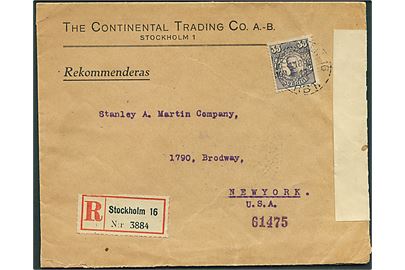 35 öre Gustaf single på anbefalet brev fra Stockholm d. 18.9.1917 til New York, USA. Åbnet af britisk censur no. 4362.