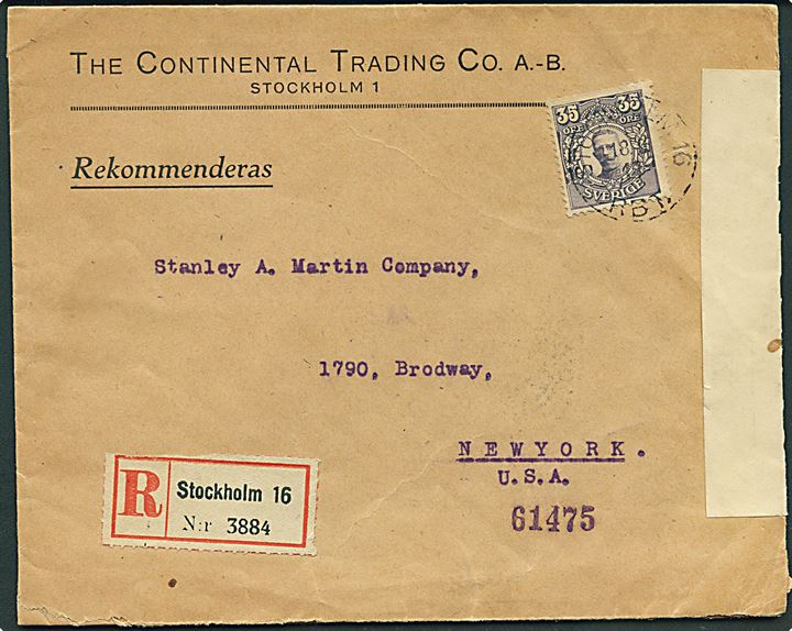 35 öre Gustaf single på anbefalet brev fra Stockholm d. 18.9.1917 til New York, USA. Åbnet af britisk censur no. 4362.