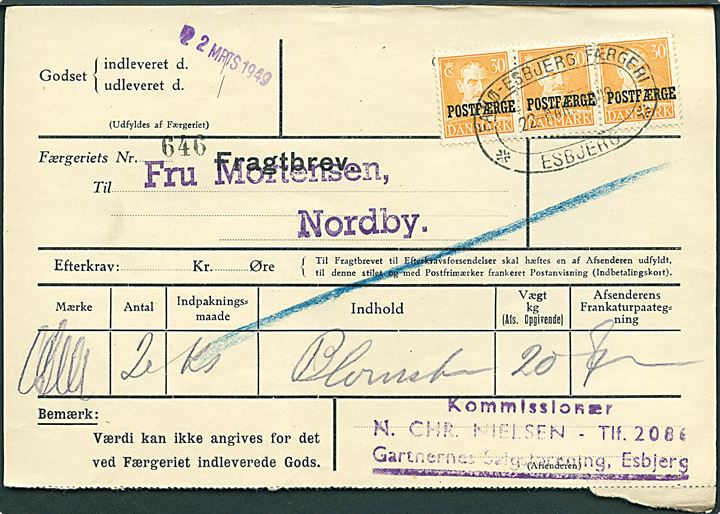 30 øre Chr. X Postfærgemærke i 3-stribe på fragtbrev fra Esbjerg d. 22.3.1949 til Nordby, Fanø.