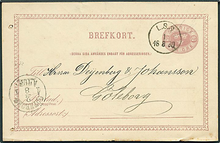 6 öre helsagsbrevkort fra Lidköping annulleret med bureaustempel L.S.S. (= Lidköping-Skara-Stenstorp) d. 1.8.1880 til Göteborg.