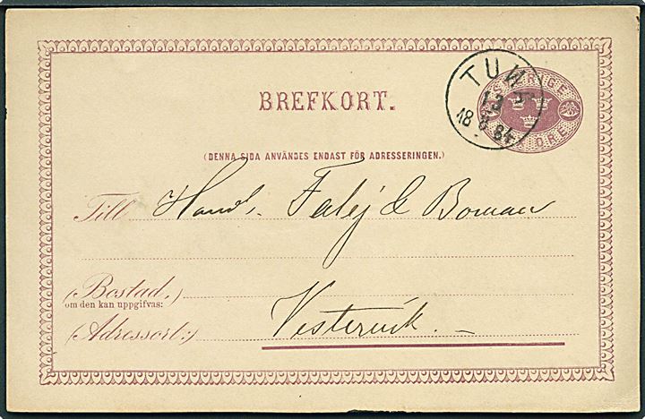6 öre helsagsbrevkort annulleret med lapidar TUNA (med spejlvendt N) d. 13.8.1884 til Westervik.