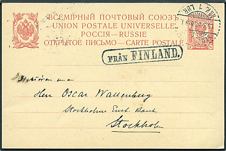 4 kop. helsagsbrevkort fra St. Petersborg d. 13.5.1908 annulleret med svensk stempel i Stockholm d. 15.5.1908 og sidestemplet Från Finland til Stockholm, Sverige.