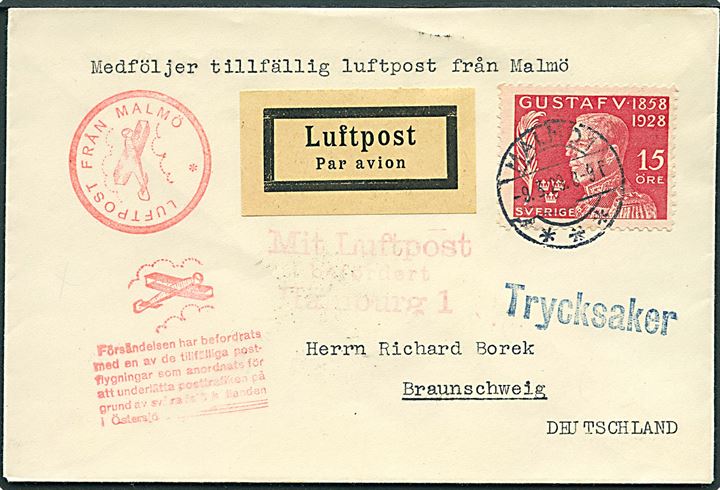 15 öre Gustaf 70 år single på filatelistisk is-luftpost tryksag fra Malmö d. 8.3.1929 via Hamburg til Braunschweig, Tyskland.