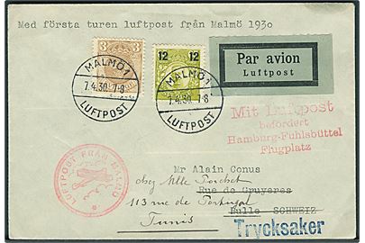 3 öre Tre Kroner og 12/65 öre Provisorium på filatelistisk luftpostbrev fra Malmö 1 Luftpost d. 7.4.1930 via Hamburg til Bulle, Schweiz - eftersendt til Tunis. 