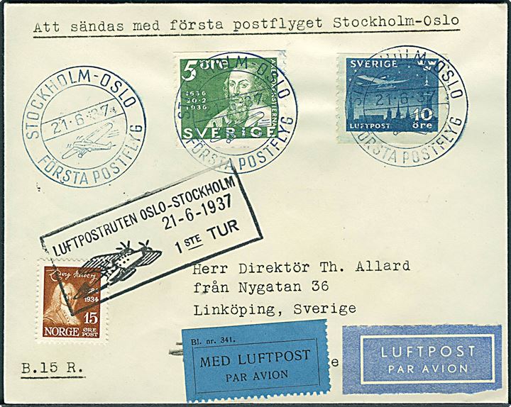 Svensk 5 öre Postjubilæum og 10 öre Luftpost stemplet Stockholm - Oslo Första Postflyg d. 21.6.1937, samt norsk 15 øre Holberg stemplet Luftpostruten Oslo-Stockholm 21-6-1937 1ste Tur til Linköping, Sverige.