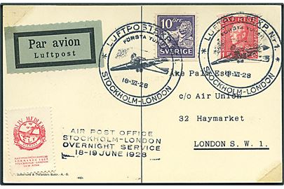 10 öre Løve og 15 öre Gustaf på 1.-flyvnings brevkort stemplet Luftpostexp. N:r. 1. * Stockholm - London * d. 18.6.1928 til London, England. 
