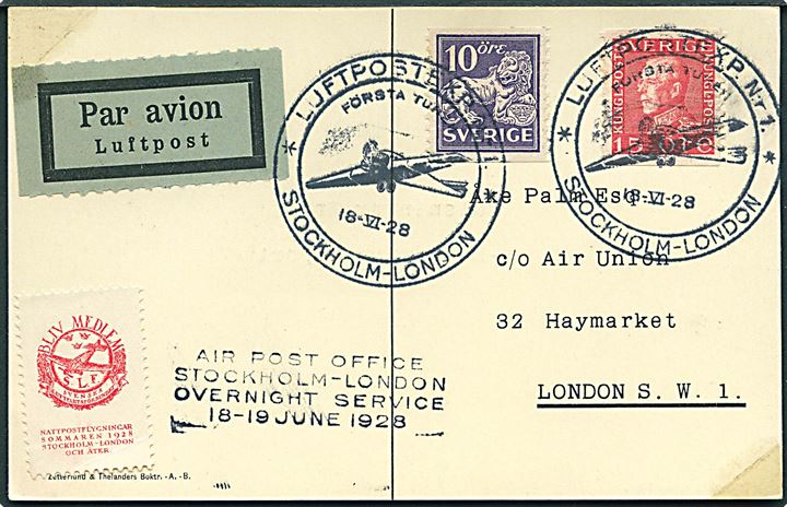 10 öre Løve og 15 öre Gustaf på 1.-flyvnings brevkort stemplet Luftpostexp. N:r. 1. * Stockholm - London * d. 18.6.1928 til London, England. 