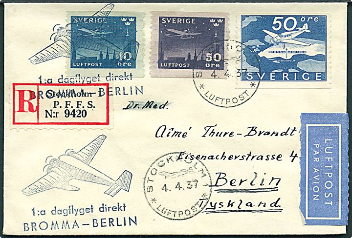 10 öre, 50 öre Luftpost, samt 50 öre Bromma Aerodrom på anbefalet 1.-flyvningsbrev stemplet Stockholm 1 * Luftpost * d. 4.4.1937 til Berlin, Tyskland. Flyvningsstempel: 1:a dagflyget direkt Bromma - Berlin.
