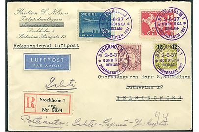 Blandingsfrankeret anbefalet luftpostbrev annulleret med særstempel Stockholm 1 * Nordiska Reklam-Kongressen 1937 * d. 3.6.1937 til Helsingfors, Finland - eftersendt i Finland.