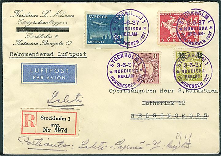 Blandingsfrankeret anbefalet luftpostbrev annulleret med særstempel Stockholm 1 * Nordiska Reklam-Kongressen 1937 * d. 3.6.1937 til Helsingfors, Finland - eftersendt i Finland.