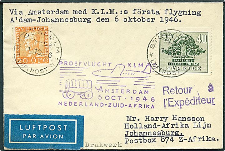 20 öre Gustaf og 40 öre Sparbank på filatelistisk 1.-flyvnings-tryksag stemplet Stockholm Luftpost d. 1.10.1946 til Johannesburg, Sydafrika. Sendt med første KLM flyvning Amsterdam-Johannesburg.