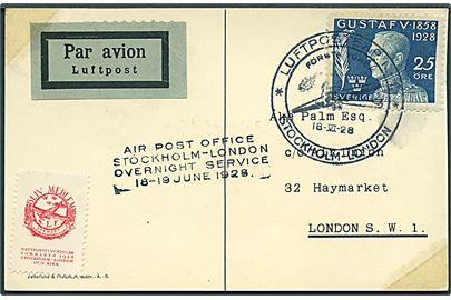 25 öre Gustaf 70 år single på luftpost brevkort annulleret Luftpostexp. N:r. 1. * Stockholm - London * d. 18.6.1928 til London, England.
