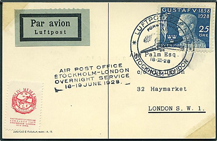 25 öre Gustaf 70 år single på luftpost brevkort annulleret Luftpostexp. N:r. 1. * Stockholm - London * d. 18.6.1928 til London, England.
