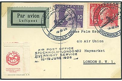 10 öre og 15 öre Gustaf 70 år på luftpost brevkort annulleret Luftpostexp. N:r. 1. * Stockholm - London * d. 18.6.1928 til London, England.