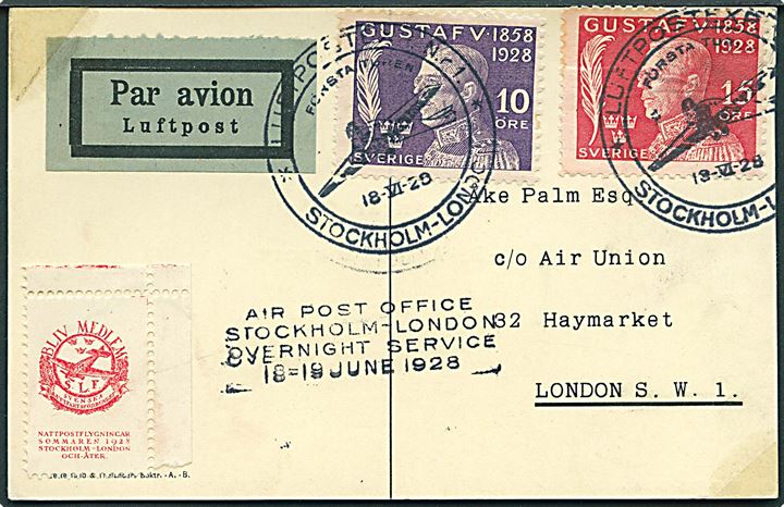 10 öre og 15 öre Gustaf 70 år på luftpost brevkort annulleret Luftpostexp. N:r. 1. * Stockholm - London * d. 18.6.1928 til London, England.