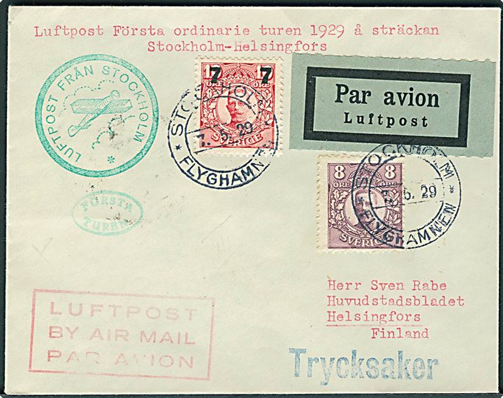 8 öre Gustaf og 7/10 öre Provisorium på luftpost tryksag stemplet Stockholm * Flyghamnen * d. 7.5.1929 til Helsingfors, Finland.