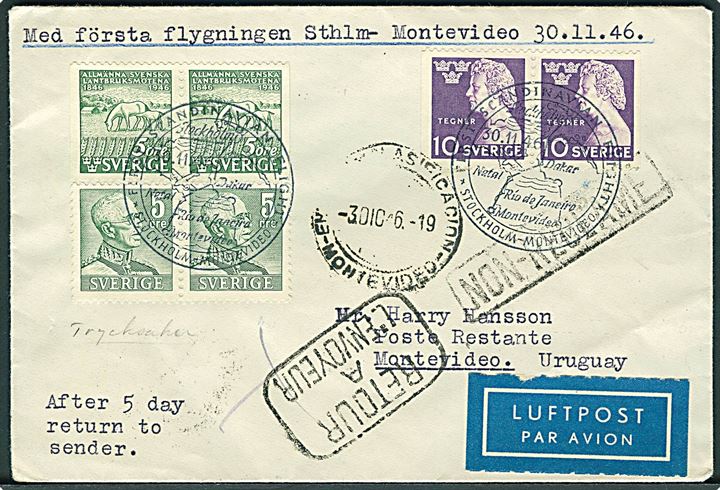 40 öre blandingsfrankeret SAS 1.-flyvningsbrev fra Stockholm d. 30.11.1946 til Montevideo, Uruguay. 