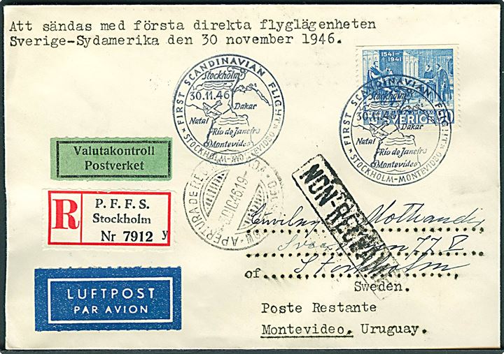 90 öre Bibeloversættelse single på anbefalet SAS 1.-flyvningsbrev fra Stockholm d. 30.11.1946 til Montevideo, Uruguay. 
