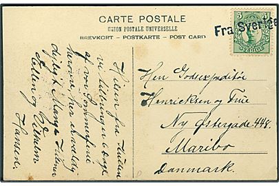 5 öre Gustaf på brevkort (Kullen) annulleret med skibsstempel Fra Sverige til Maribo, Danmark.