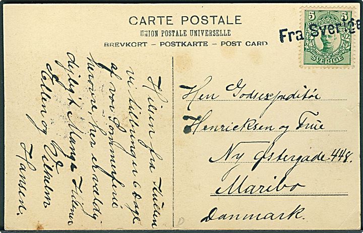 5 öre Gustaf på brevkort (Kullen) annulleret med skibsstempel Fra Sverige til Maribo, Danmark.