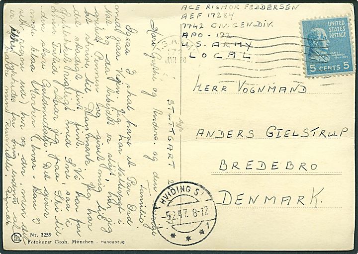 Amerikansk 5 cents Monroe på brevkort fra Stuttgart stemplet U. S. Army APO 172 (= Esslingen) via Hviding St. til Bredebro, Danmark. Fra dansk kvindelig postcensor tilknyttet 7742 Civil Censorship Division.
