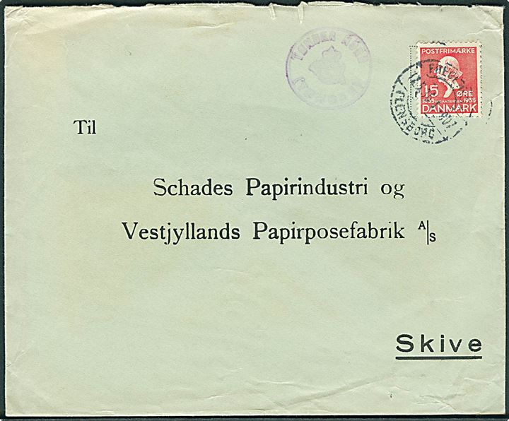 15 øre H.C.Andersen på brev annulleret med bureaustempel Fredericia - Flensborg T.907 d. 13.5.1936 og sidestemplet med posthornstempel TØNDER NORD (TØNDER) til Skive.