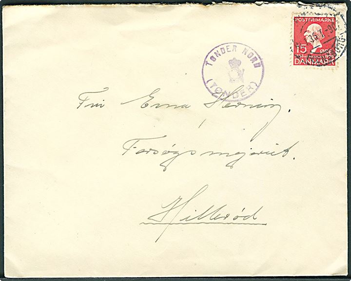 15 øre H.C.Andersen på brev annulleret med bureaustempel Fredericia - Flensborg T.907 d. 31.1.1936 og sidestemplet med posthornstempel TØNDER NORD (TØNDER) til Hillerød.