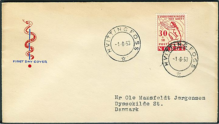30+10 øre Landsforeningen mot Kreft på illustreret FDC stemplet Hvittingfoss d. 1.6.1953 til Dyssekilde St., Danmark.