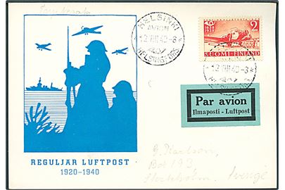 2 mk. Postjubilæum på luftpostkort fra Helsingfors d. 12.8.1940 til Stockholm, Sverige.