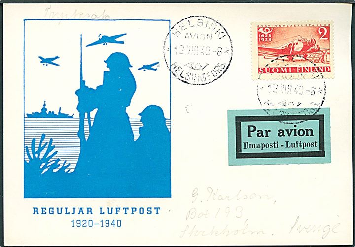 2 mk. Postjubilæum på luftpostkort fra Helsingfors d. 12.8.1940 til Stockholm, Sverige.