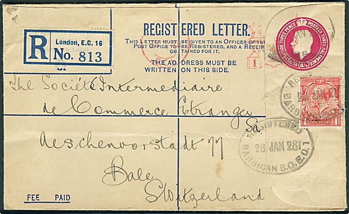 4½d George V anbefalet helsagskuvert opfrankeret med posthusfranko og 1d George V med perfin H&M fra London d. 28.1.1928 til Basel, Schweiz.