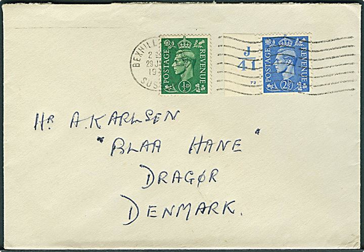 ½d og 2½d George VI på brev fra Bexhill d. 29.1.1947 til Blaa Hane, Dragør, Danmark. Blaa Hane var i folkemunde navnet på ejendommen Toldergade 6 i Dragør, hvorpå der i gennem flere generationer sad en blå vejrhane på taget. 