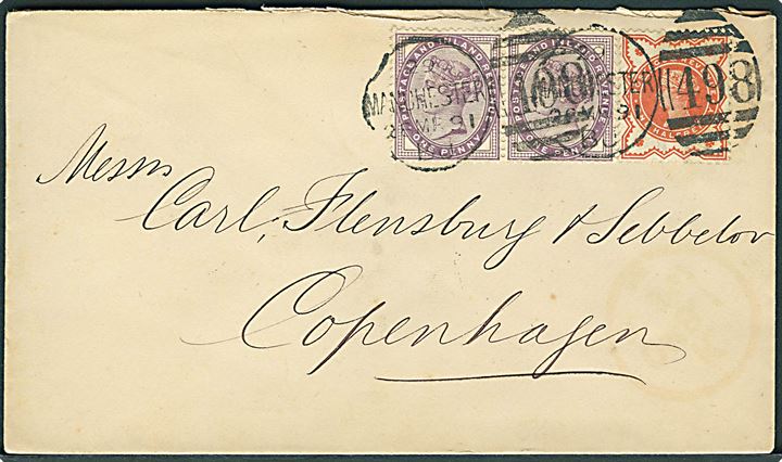 ½d og 1d (par) Victoria på brev annulleret med duplex stempel Manchester/498 d. 28.3.1891 til København, Danmark.