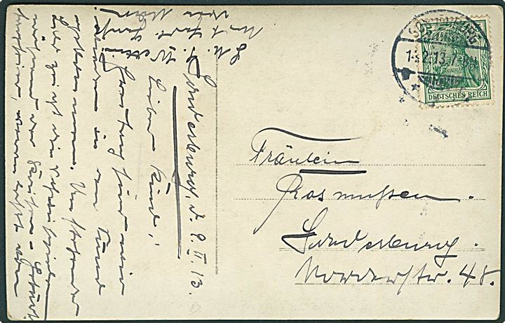 5 pfg. Germania på fotopostkort (Marinesoldater fra SMS Wettin i teater) sendt lokalt i Sonderburg d. 14.2.1913.