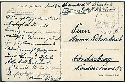 Ufrankeret feltpostkort (SMS Schlesien) med violet marinepost stempel Kais. Deustche Marineschiffspost No. (57?) d. 2.9.1917 til Sonderburg. 